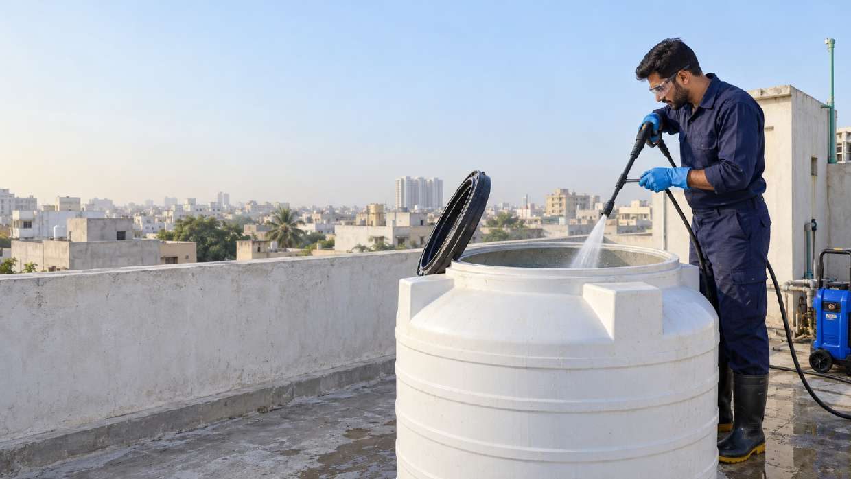Royal technician pressure washing a rooftop water tank in Karachi